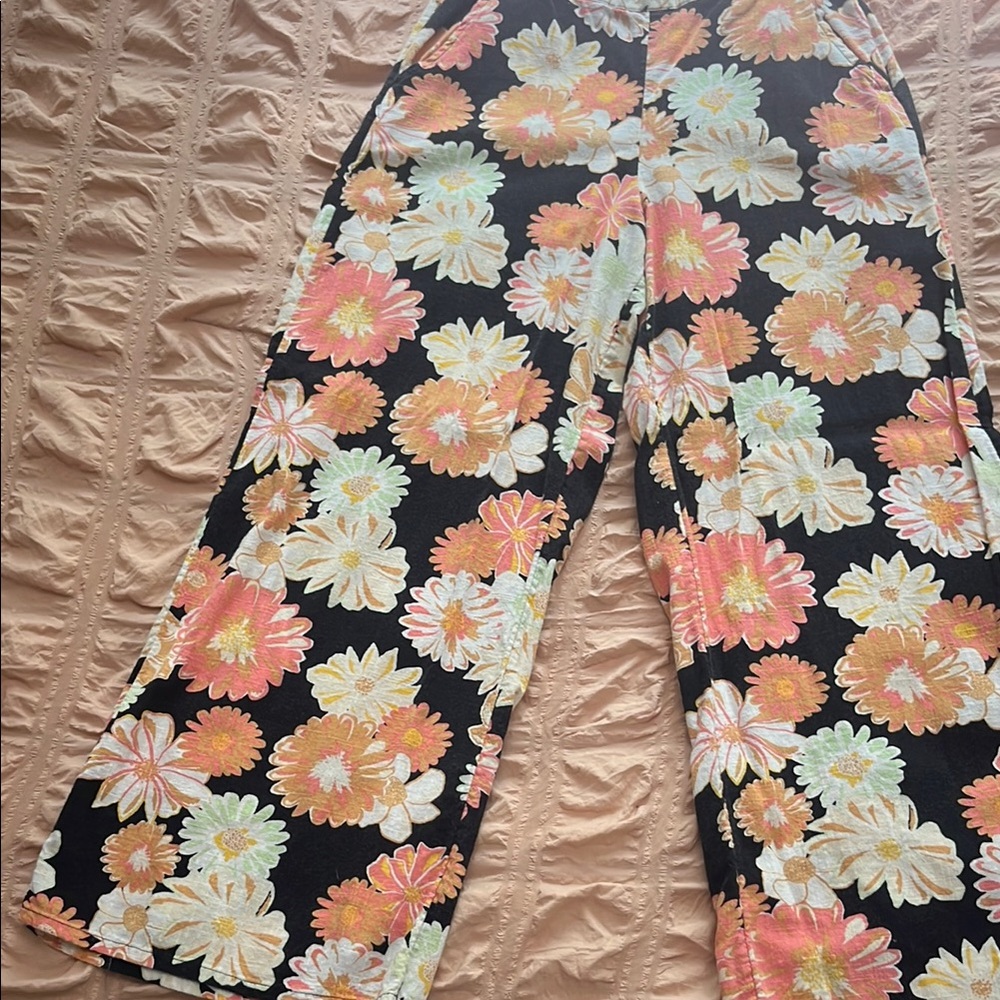 Roxy Wide Leg Floral Pants in Black with Peach, White & Mint Flowers